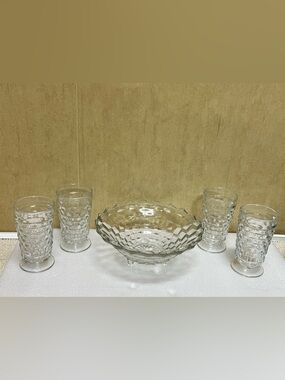 Vintage Indiana Glass Colony Whitehall Clear Footed Tumblers and bowl